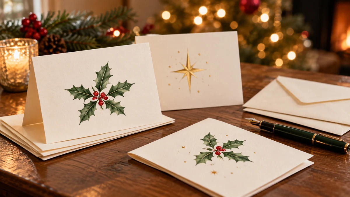 Cartes de Noël décorées de houx et d’une étoile, enveloppes et stylo-plume