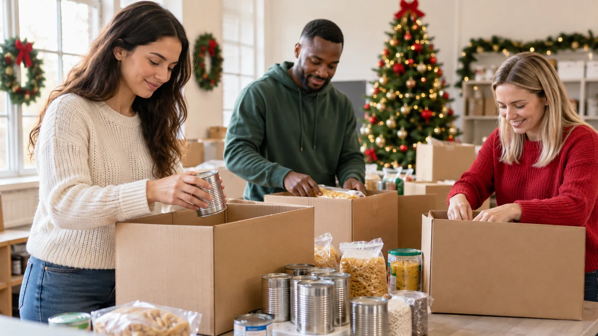 Trois personnes préparent des cartons de denrées dans une salle décorée pour Noël