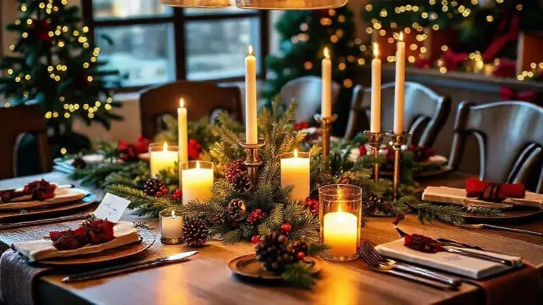 Une table de Noël avec des assiettes, des serviettes et un centre de table végétal Une table de Noël avec des assiettes, des serviettes et un centre de table végétal