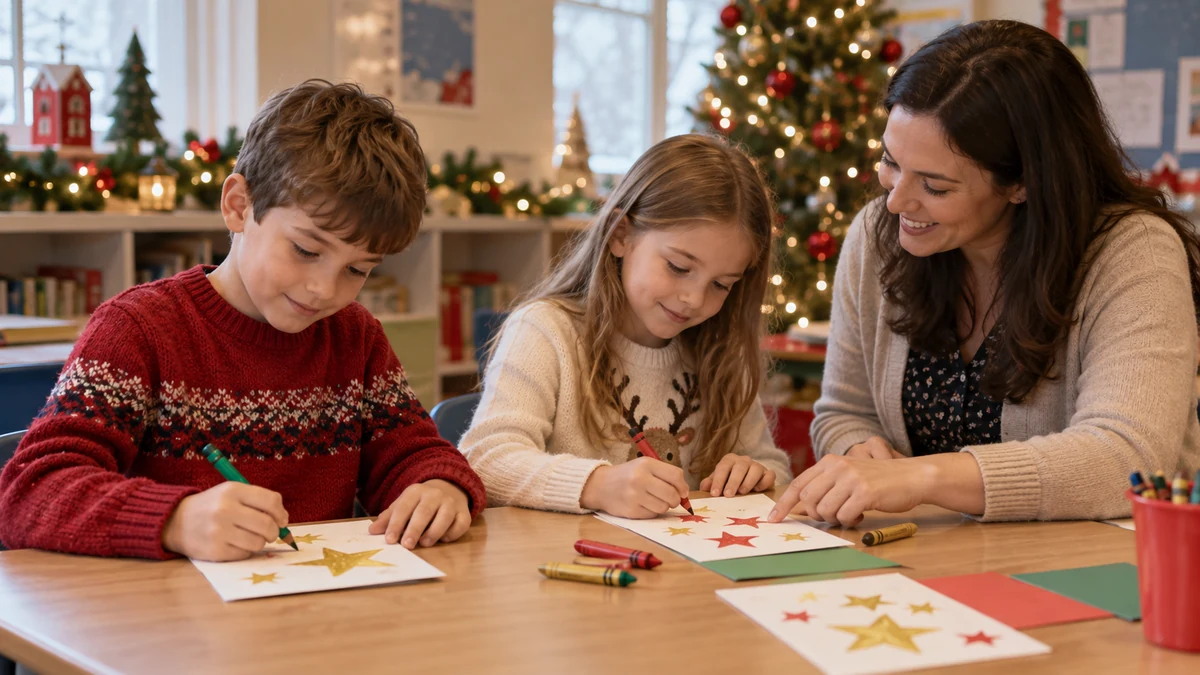 Deux enfants dessinent des cartes de Noël avec une adulte