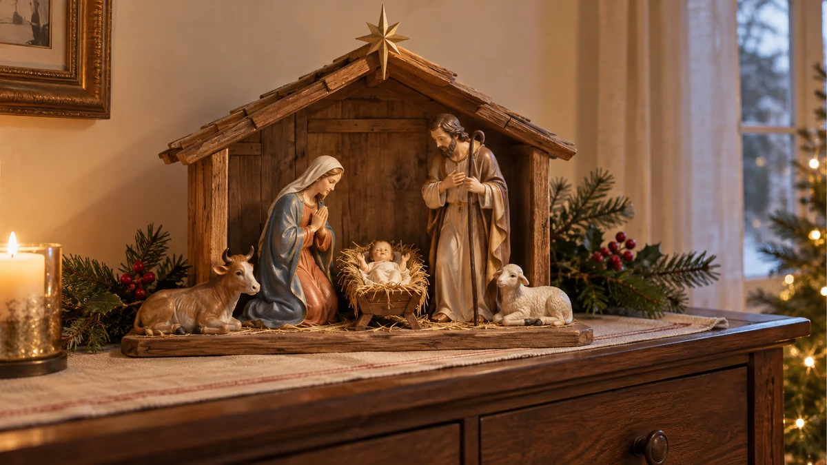 Crèche avec Marie, Joseph, l’Enfant Jésus et des animaux sur un buffet en bois