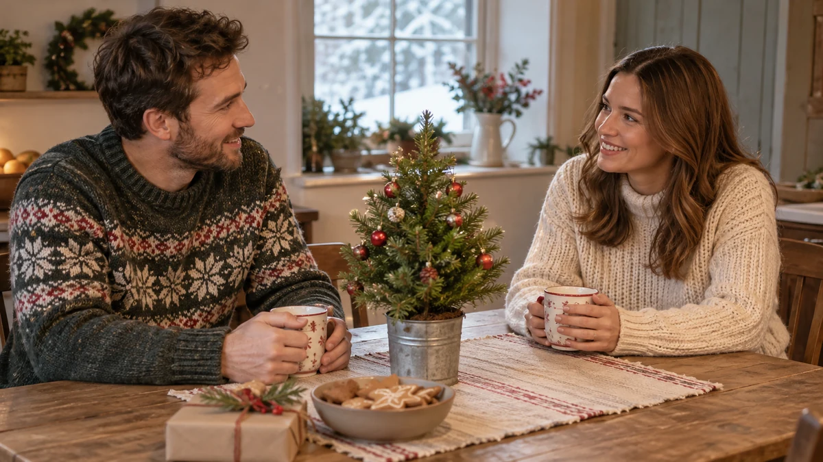Deux adultes tiennent des tasses autour d’une table décorée pour Noël.