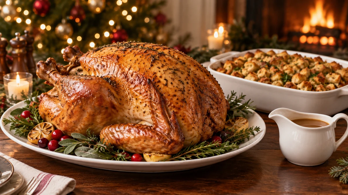 Dinde de Noël dorée aux herbes, accompagnée d’un plat de farce et d’une saucière.