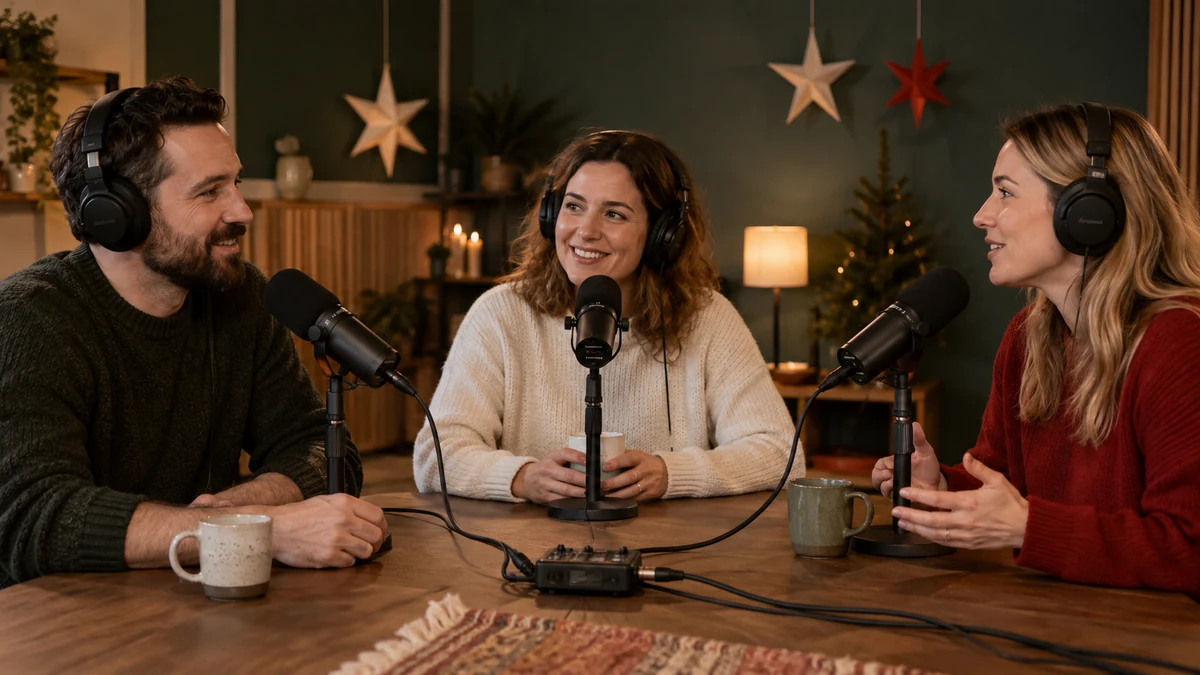 Trois personnes échangent autour d’une table équipée de microphones