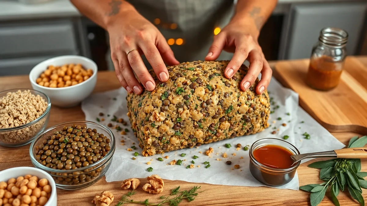 Façonnage d’un rôti végétalien aux pois chiches et aux lentilles Façonnage d’un rôti végétalien aux pois chiches et aux lentilles