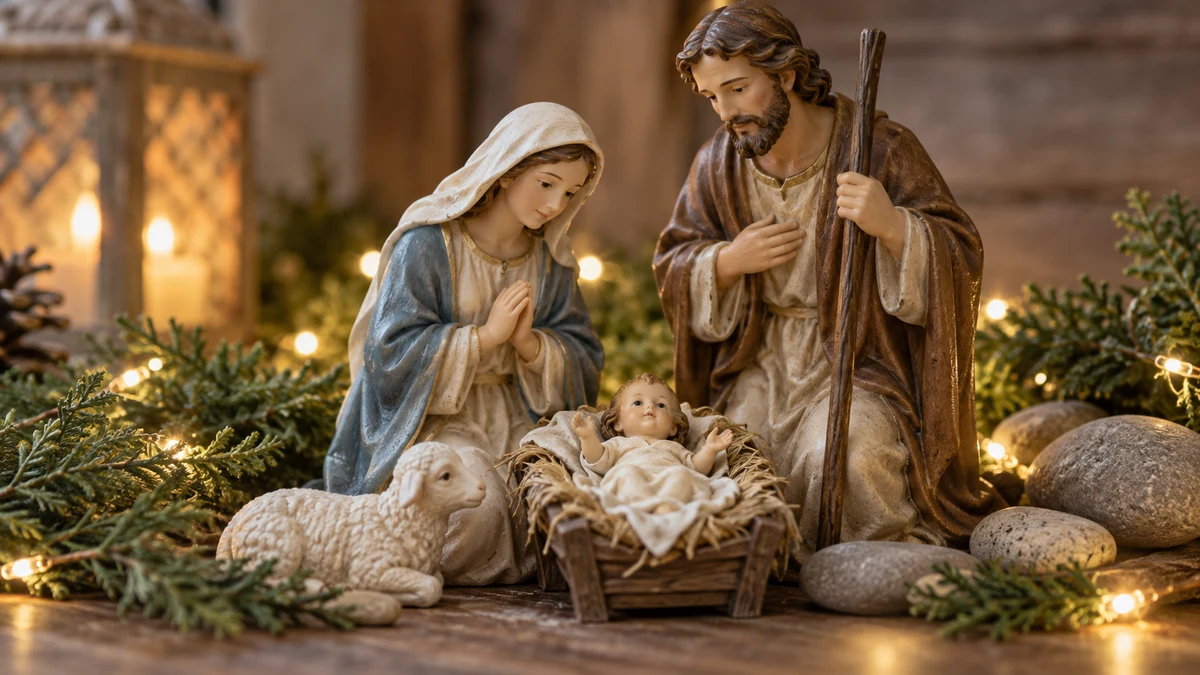 Figurines de la Nativité entourées de pierres, de feuillage et de lumières