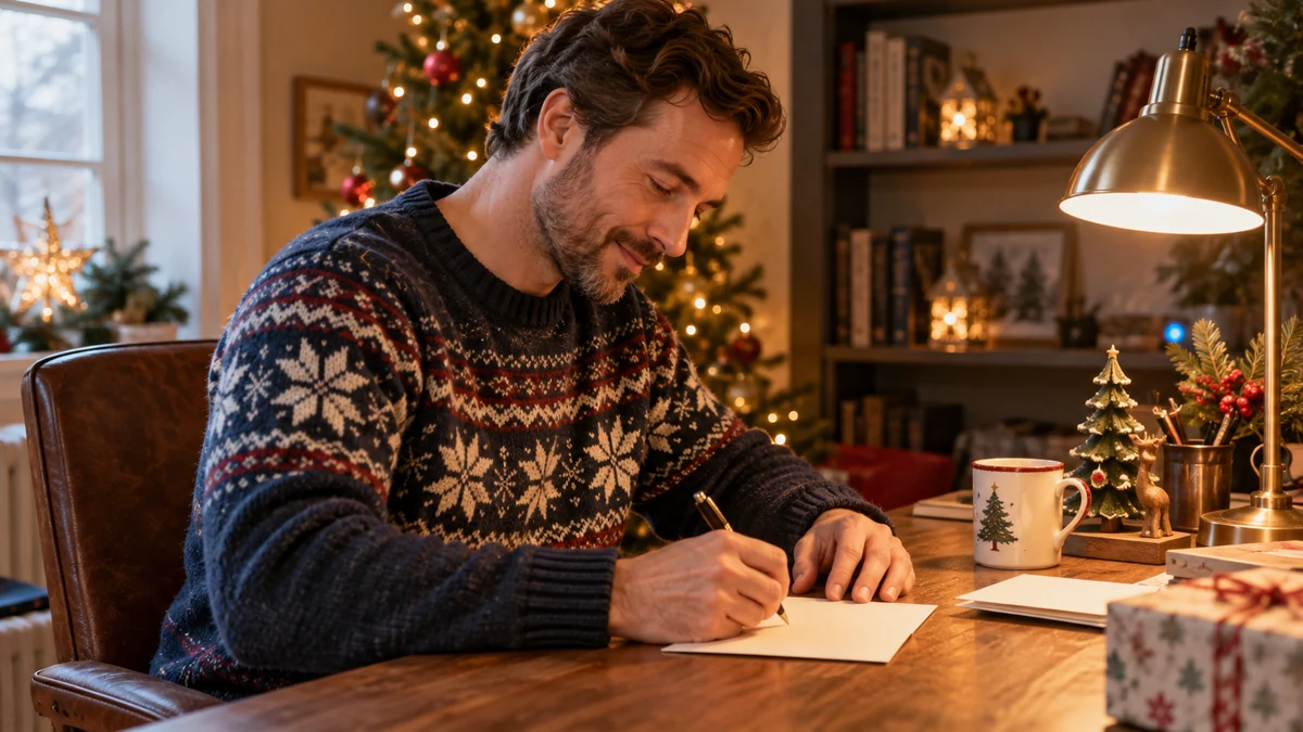 Un homme écrit un message de Noël à la lumière d’une lampe de bureau