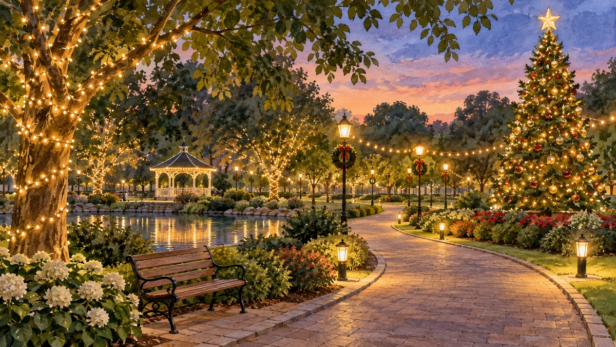 Illustration d’un parc arboré avec un lac et un sapin illuminé, sans représenter un site réel de Gramado