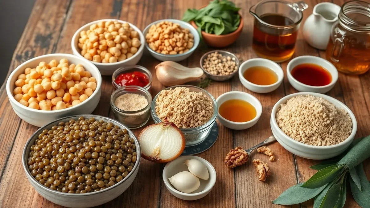 Pois chiches, lentilles et ingrédients pour un rôti végétalien de Noël Pois chiches, lentilles et ingrédients pour un rôti végétalien de Noël