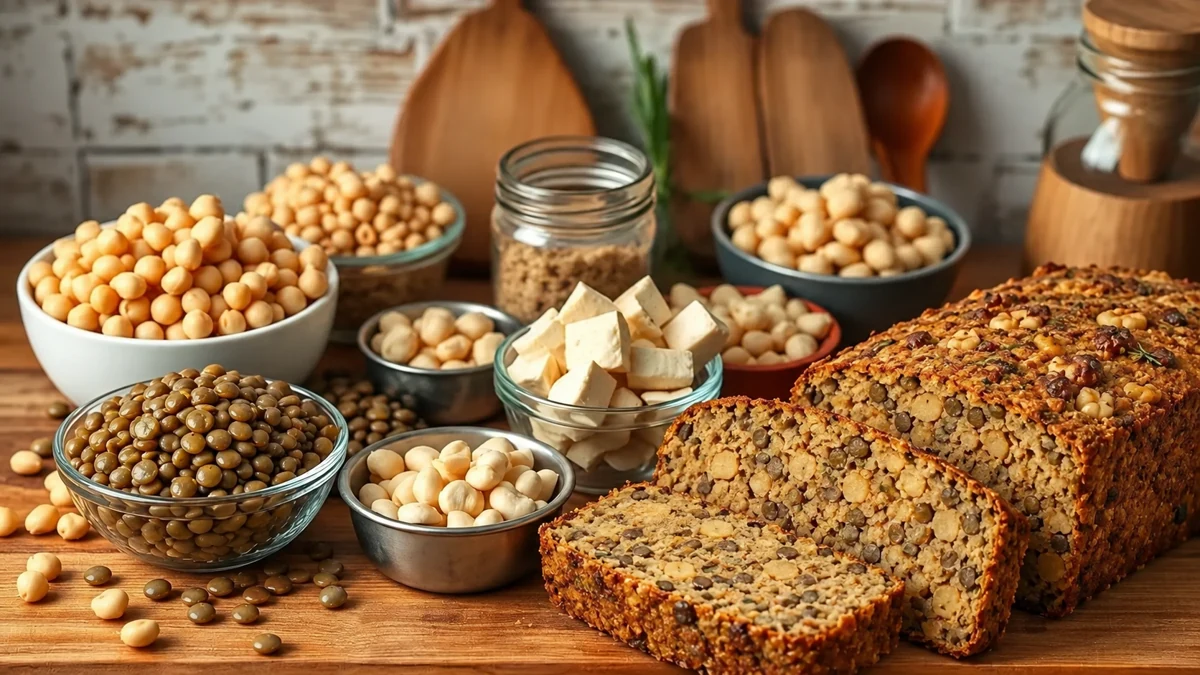 Rôti végétalien tranché à côté de pois chiches, de lentilles et de tofu Rôti végétalien tranché à côté de pois chiches, de lentilles et de tofu