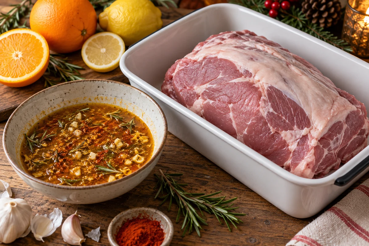 Bol de marinade aux herbes et à l’ail près d’une pièce de porc crue et d’agrumes
