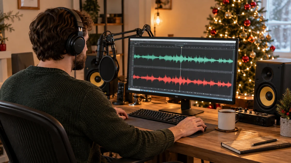 Personne au casque travaillant sur des pistes audio affichées à l’écran