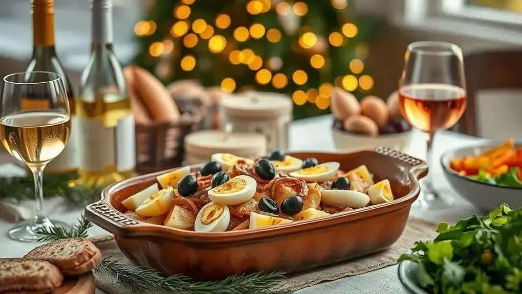 Plat de morue avec œufs et olives, pain, salade et verres de vin sur une table festive