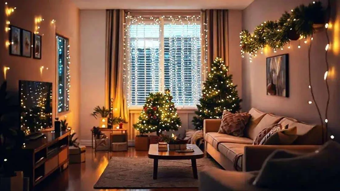 Petit salon décoré de sapins et de guirlandes lumineuses