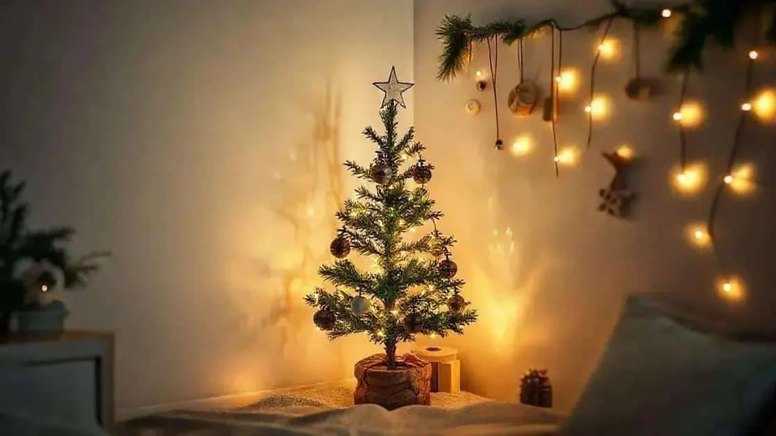 Petit sapin de Noël décoré d’une étoile près d’une guirlande murale
