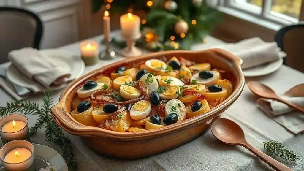 Plat de morue garni d’œufs durs et d’olives sur une table de Noël