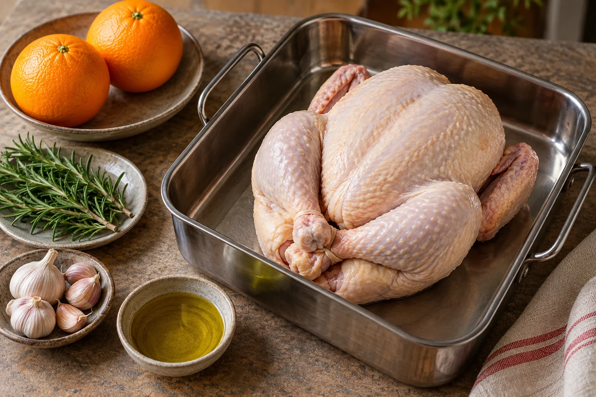 Poulet cru dans un plat, entouré d’oranges, de romarin, d’ail et d’huile