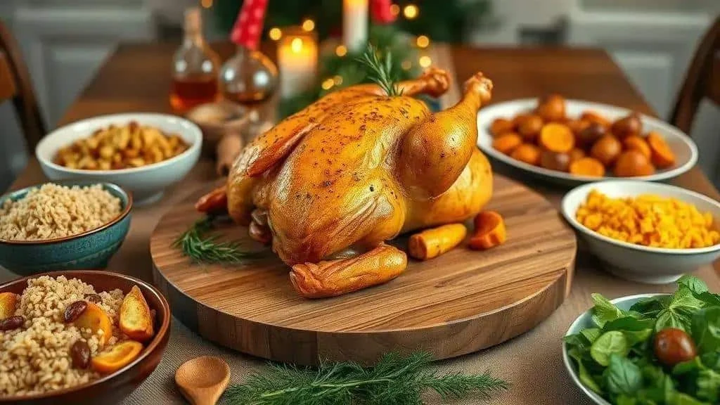 Poulet rôti sur une planche, entouré de plats de légumes, céréales et salade
