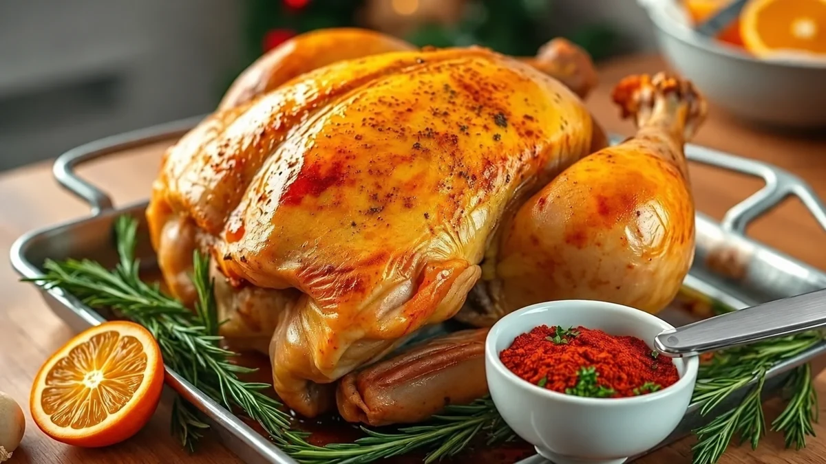 Poulet rôti dans un plat avec orange, romarin et bol de paprika