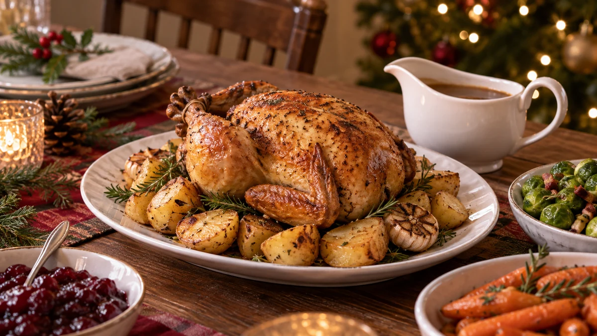 Petit poulet rôti avec pommes de terre et sauce en saucière Petit poulet rôti avec pommes de terre et sauce en saucière
