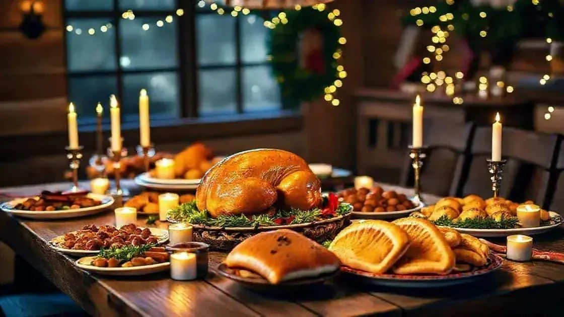 Une volaille rôtie et plusieurs plats disposés sur une table de fête