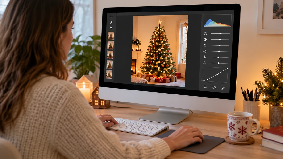 Une personne retouche une photo de sapin de Noël sur un ordinateur. Une personne retouche une photo de sapin de Noël sur un ordinateur.