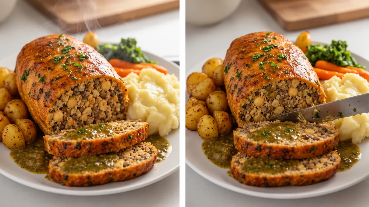 Rôti végétalien de Noël tranché, servi avec une sauce et des légumes