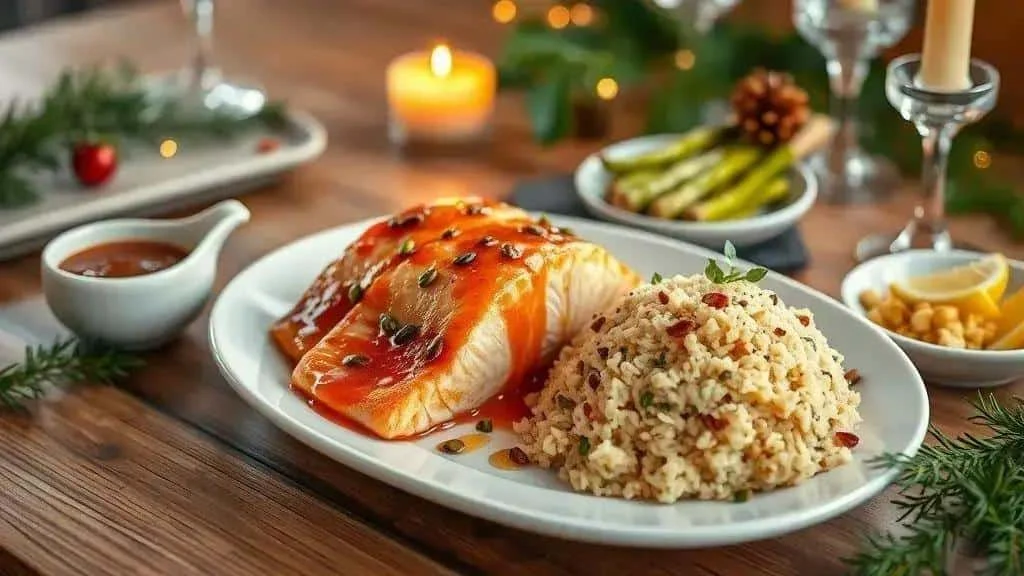 Saumon en sauce avec une garniture de céréales et des légumes Saumon en sauce avec une garniture de céréales et des légumes