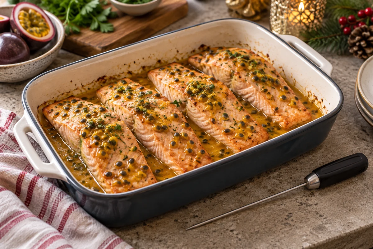 Pavés de saumon dans un plat à four, avec un thermomètre posé à côté Pavés de saumon dans un plat à four, avec un thermomètre posé à côté