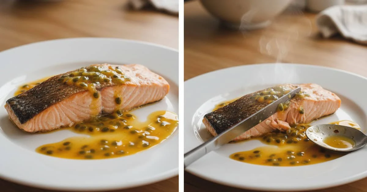 Deux vues de saumon cuit avec une sauce aux fruits de la passion