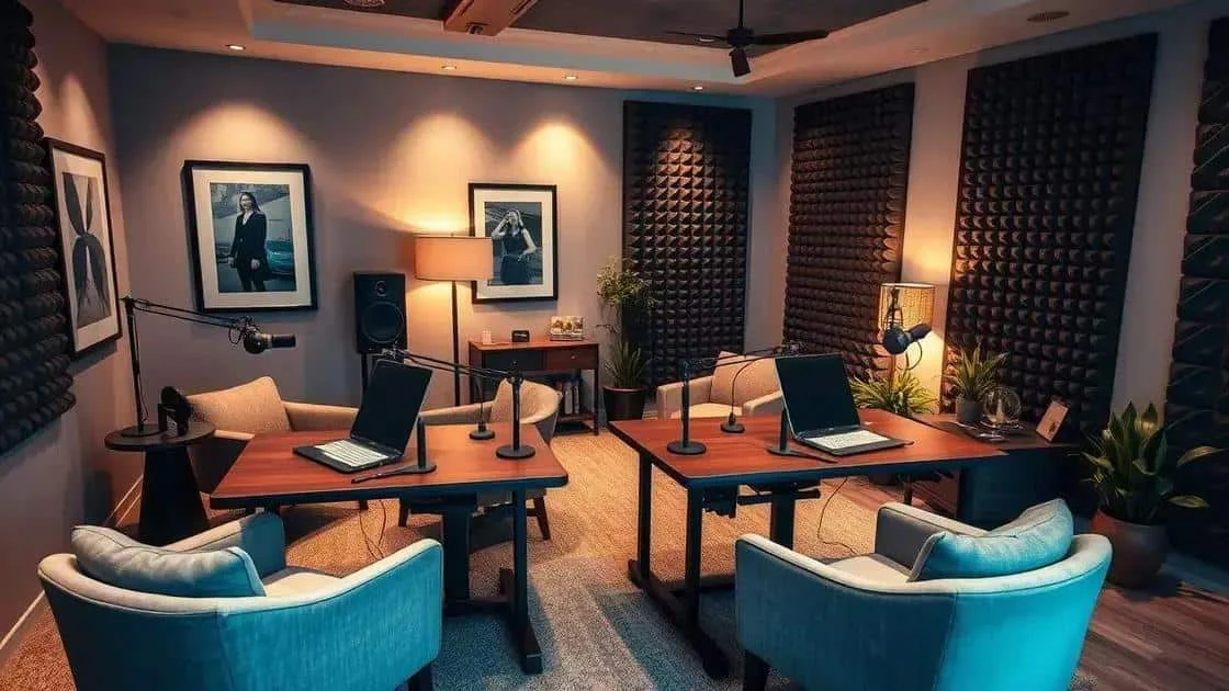 Studio équipé de fauteuils, de microphones et d’ordinateurs portables