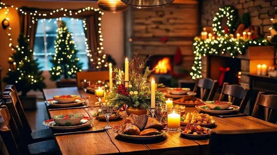 Une table dressée pour Noël dans une pièce décorée de sapins et de lumières Une table dressée pour Noël dans une pièce décorée de sapins et de lumières