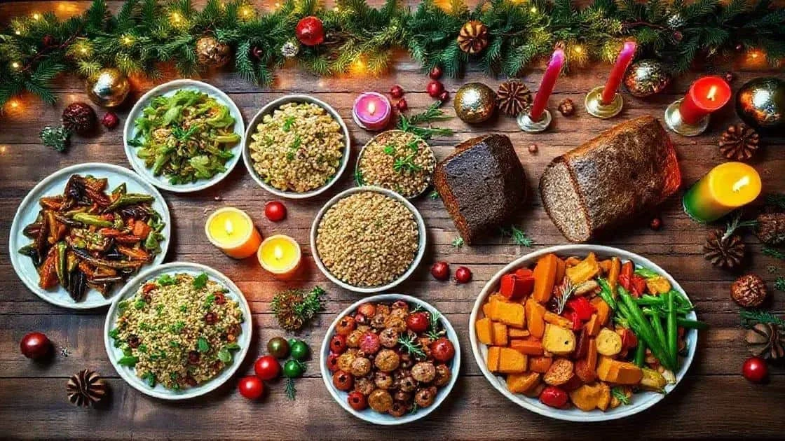 Vue de dessus d’une table de fête avec des céréales, des légumes et des plats tranchés.