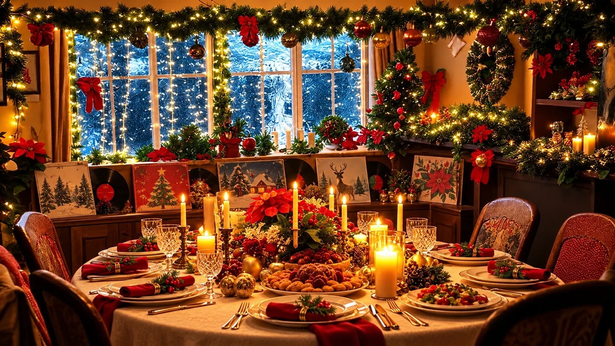 Table de Noël et pochettes de disques décoratives dans une pièce illuminée.