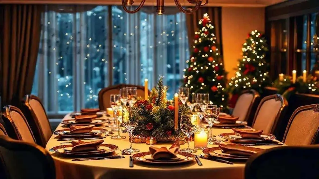 Table de Noël dressée dans une salle à manger chaleureuse.