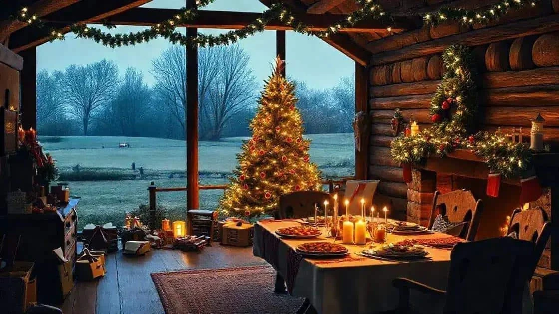 Terrasse couverte en bois avec une table dressée et un sapin de Noël illuminé.