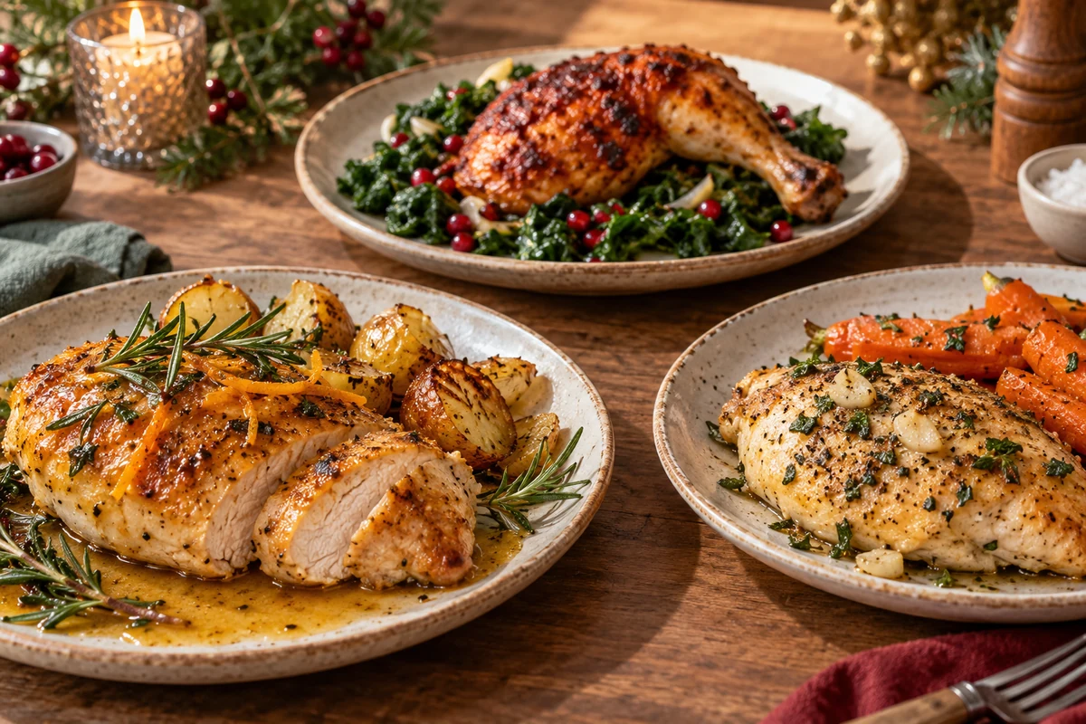 Trois assiettes de poulet rôti avec pommes de terre, carottes ou légumes verts
