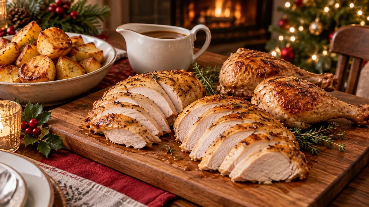Volaille cuite découpée, avec pommes de terre et sauce au jus Volaille cuite découpée, avec pommes de terre et sauce au jus