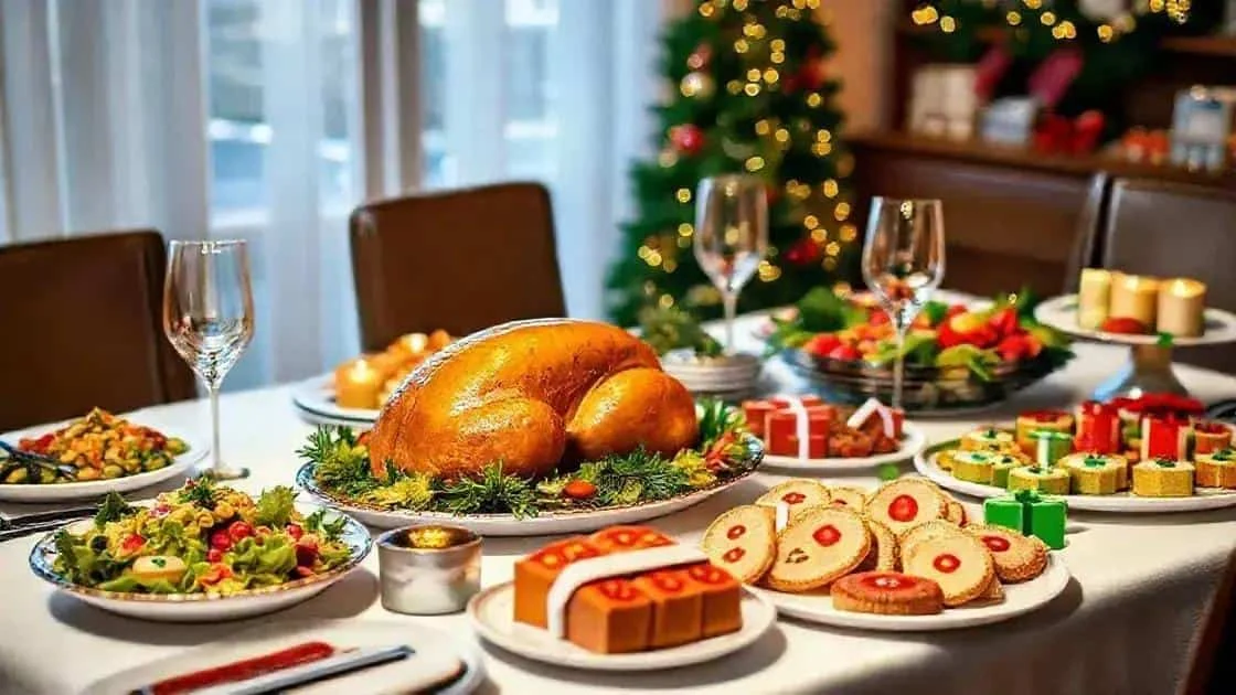 Une volaille rôtie entourée de salades et de petits desserts sur une table de fête Une volaille rôtie entourée de salades et de petits desserts sur une table de fête