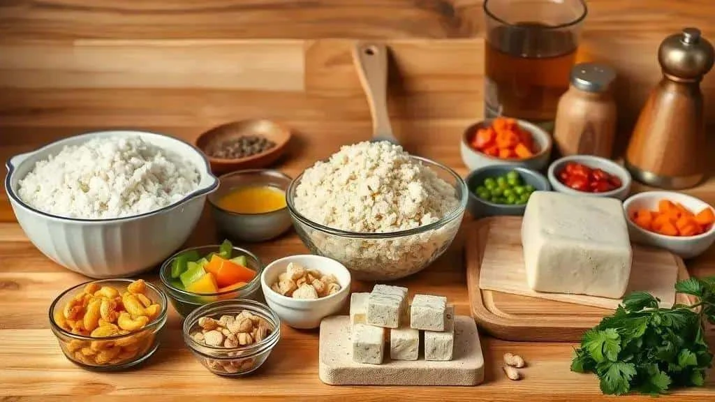 Riz, chou-fleur râpé, tofu et légumes pour adapter la recette aux convives.