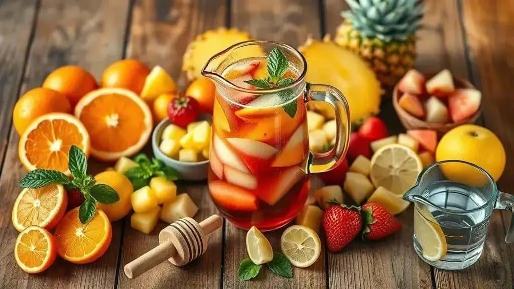 Ananas, agrumes, pommes et fraises autour d’une carafe de punch aux fruits