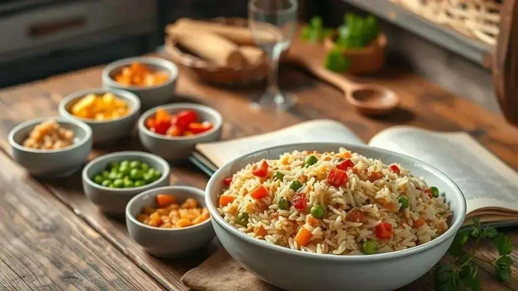 Plat de riz aux légumes colorés accompagné de différentes garnitures.