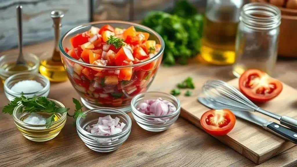 Salade de tomates et d’oignon entourée d’herbes, d’huile, de vinaigre et d’ustensiles