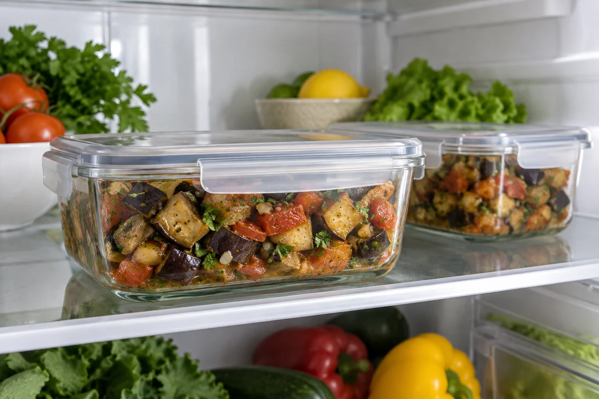 Aubergines cuisinées dans des boîtes en verre fermées, placées au réfrigérateur.
