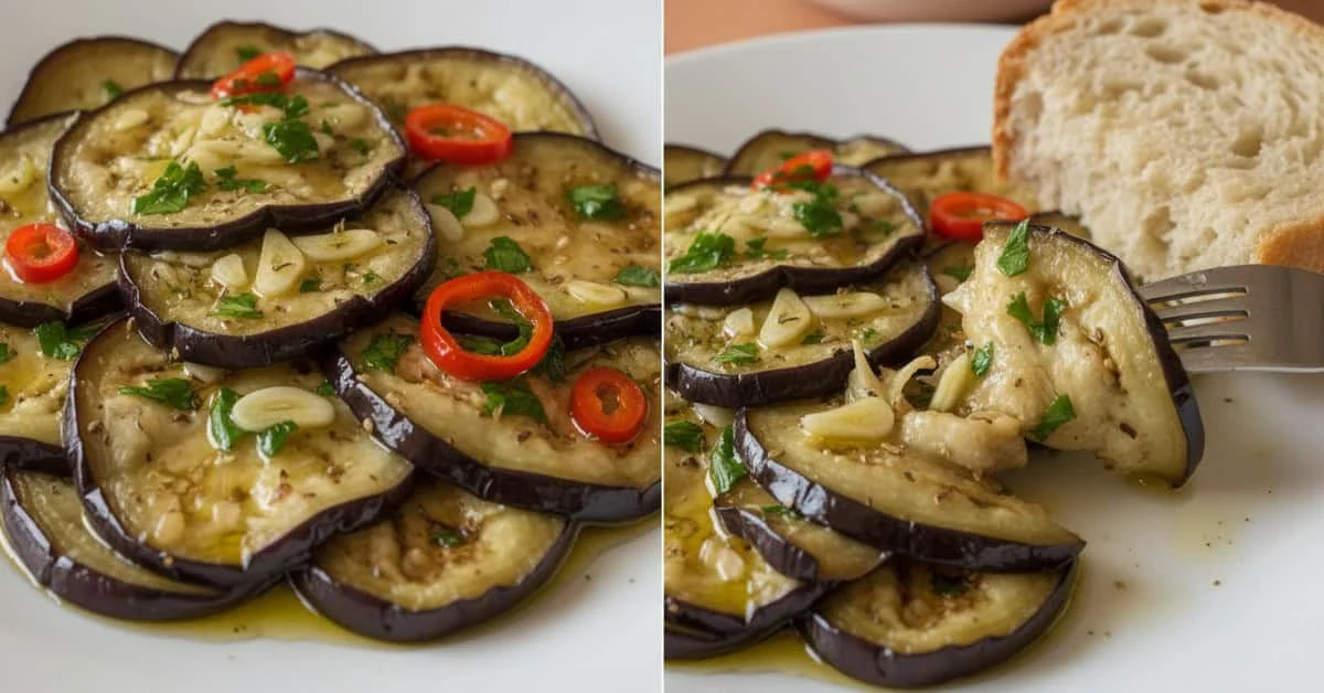 Deux vues d’aubergines en tranches avec ail, herbes, rondelles de piment et pain.