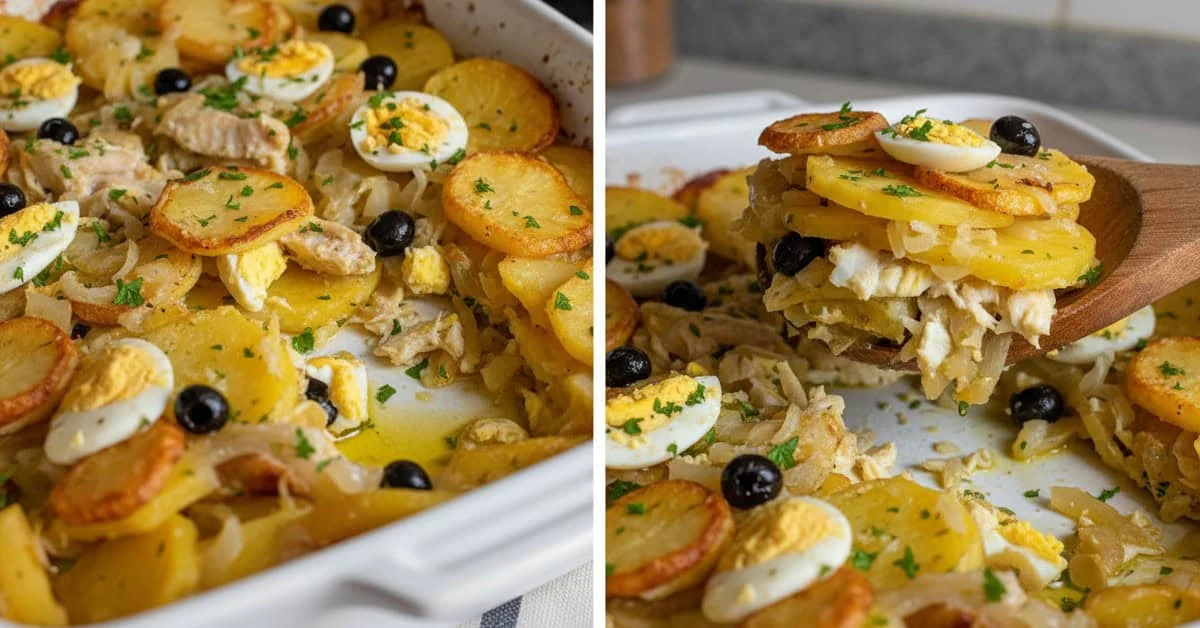 Deux vues d’un plat de morue aux pommes de terre, aux œufs durs et aux olives noires
