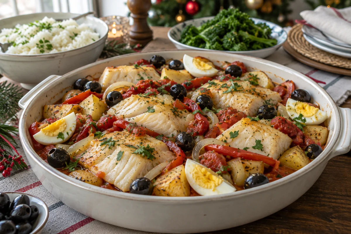 Bacalhoada cuite avec olives et œufs durs, accompagnée de riz et de salade