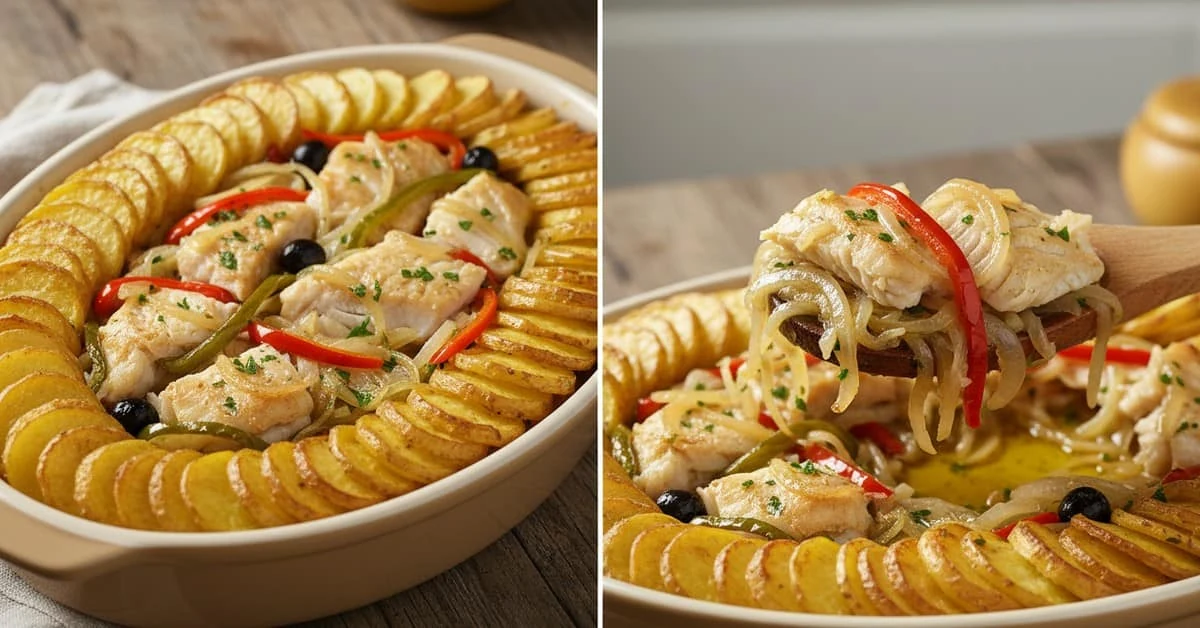 Bacalhoada à la portugaise aux pommes de terre, poivrons et olives, présentée en plat et en portion