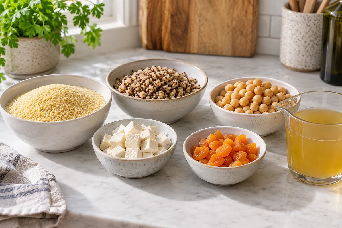 Comparaison de bases et garnitures : couscous de blé, quinoa cuit, pois chiches, tofu, abricots secs et bouillon