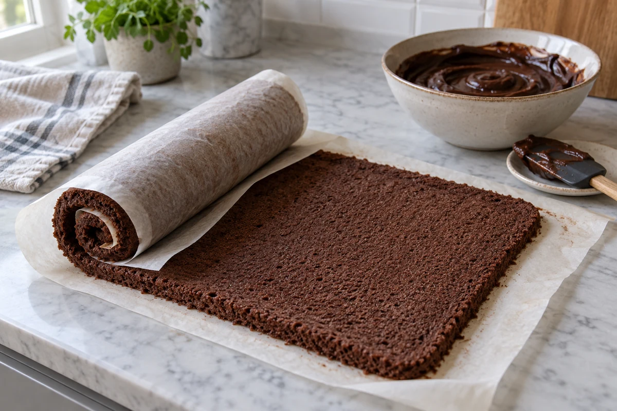 Biscuit au cacao partiellement roulé avec du papier cuisson, à côté d’un bol de ganache Biscuit au cacao partiellement roulé avec du papier cuisson, à côté d’un bol de ganache